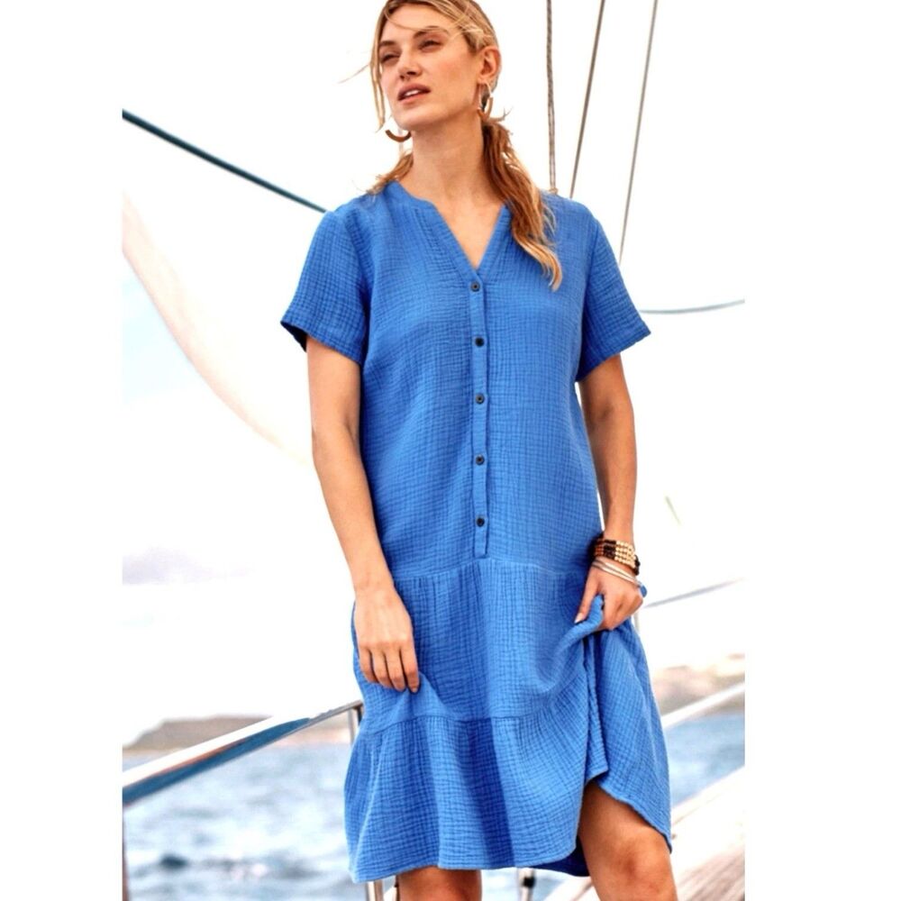J.Jill Cotton Gauze Tiered Midi Dress Coastal Minimalist Resortcore Blue L